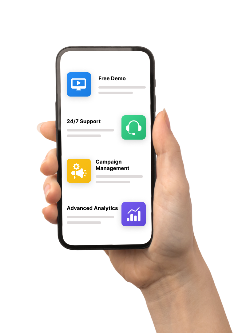 Mobile app showing free demo, support, campaign management and analytics features